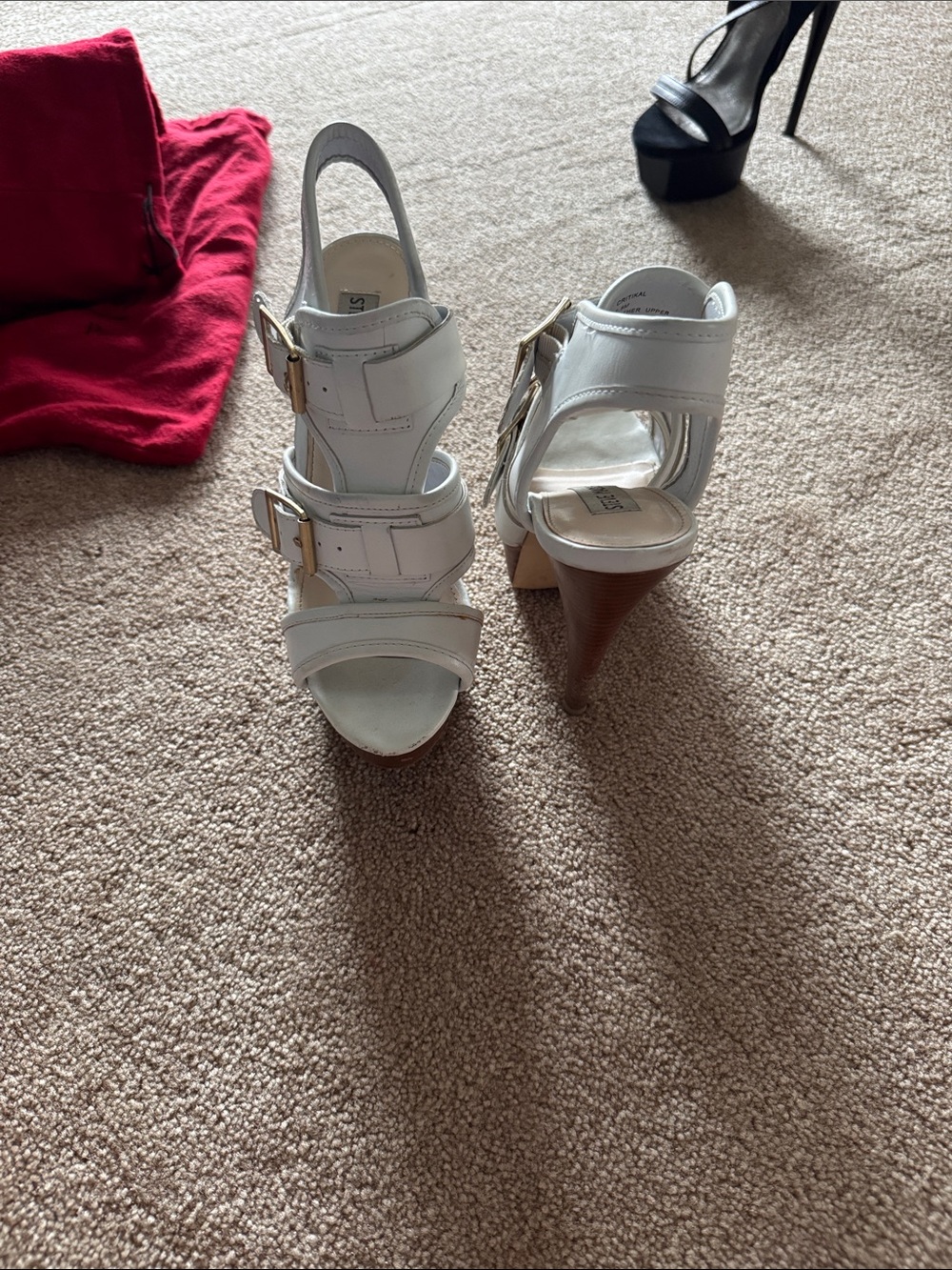 Steve Madden White Strappy Cork Cone Heel Sandals with Gold Buckles